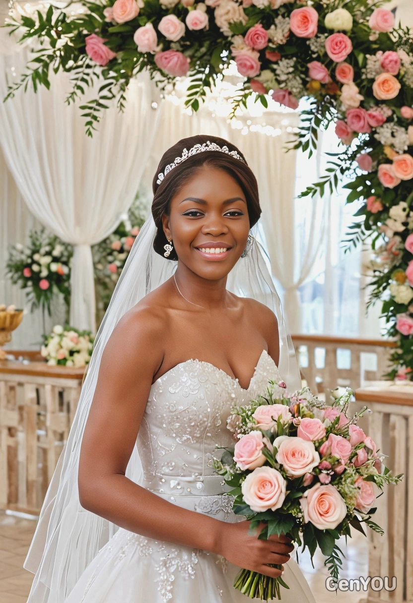 as a bride, entering the reception venue, flower decoration on background, pastel colors, blurred background,
