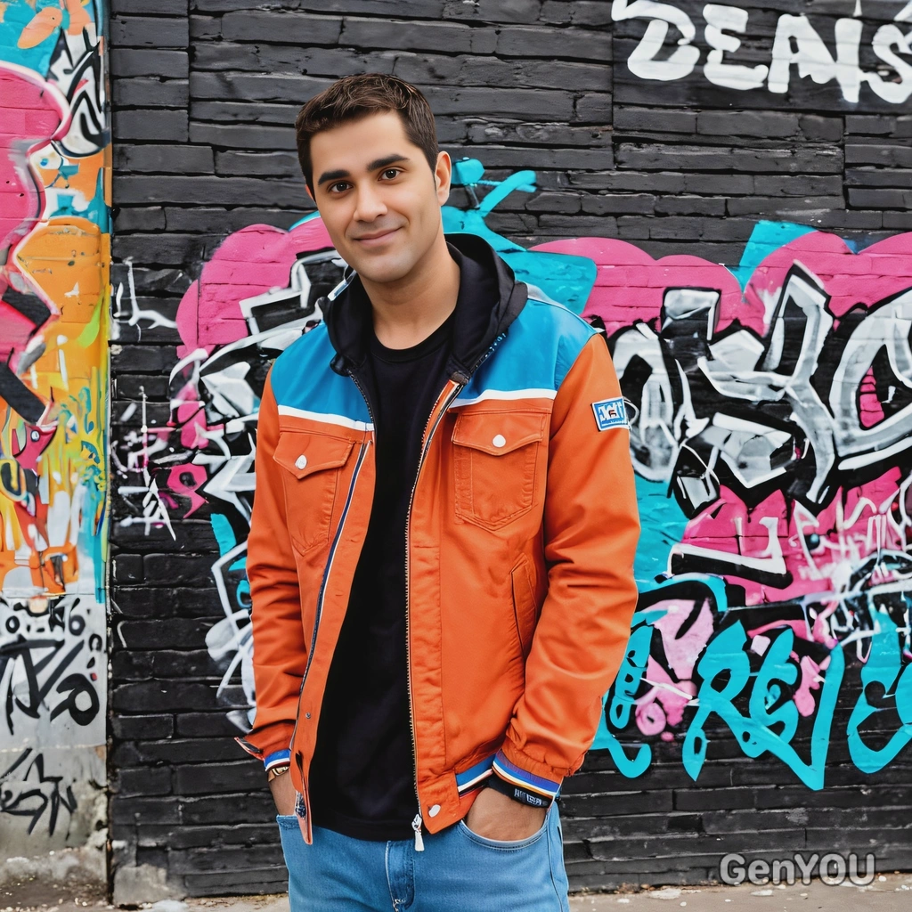 leaning against a vibrant graffiti wall at an urban street party, wearing a cool jacket and jeans