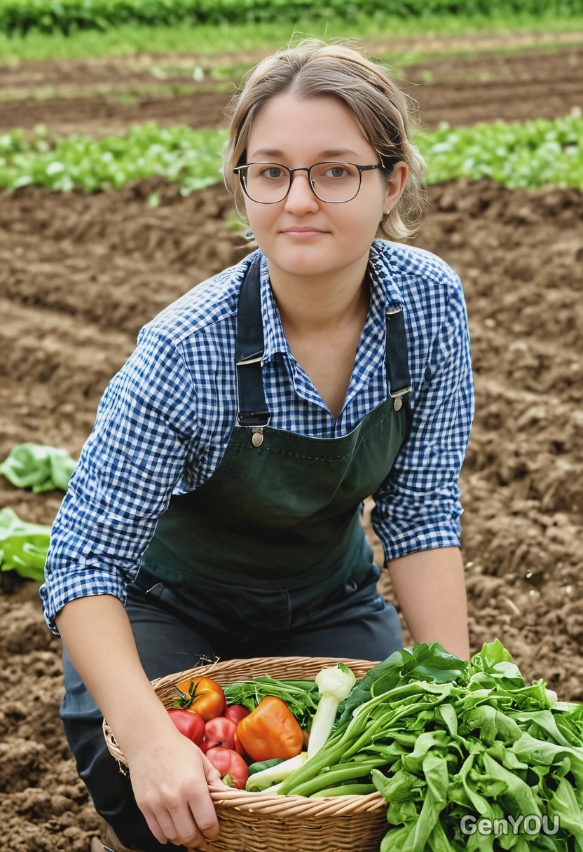 a farmer harvesting fresh vegetables in a field, updo, outdoors photoshoot