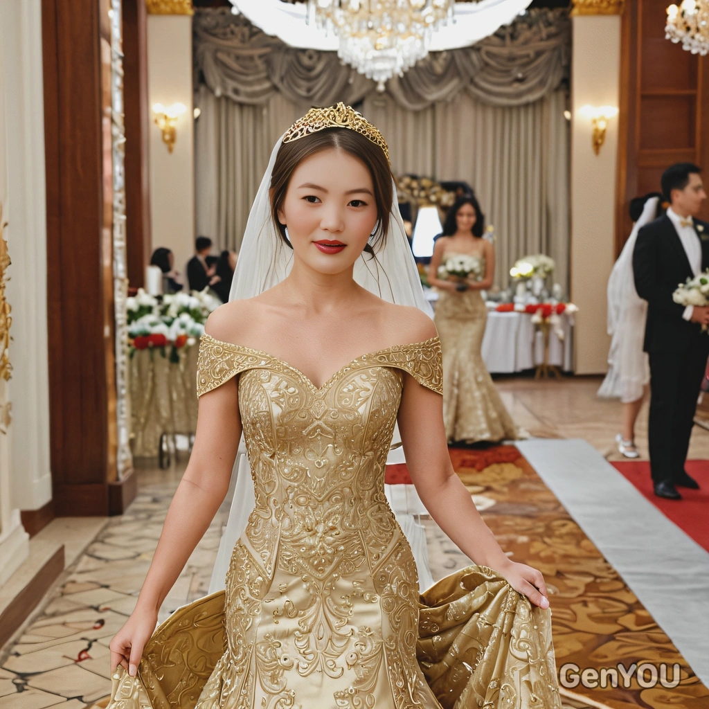 As a bride in a golden dress with intricate embroidery, walking down the aisle of a luxurious ballroom wedding, half body