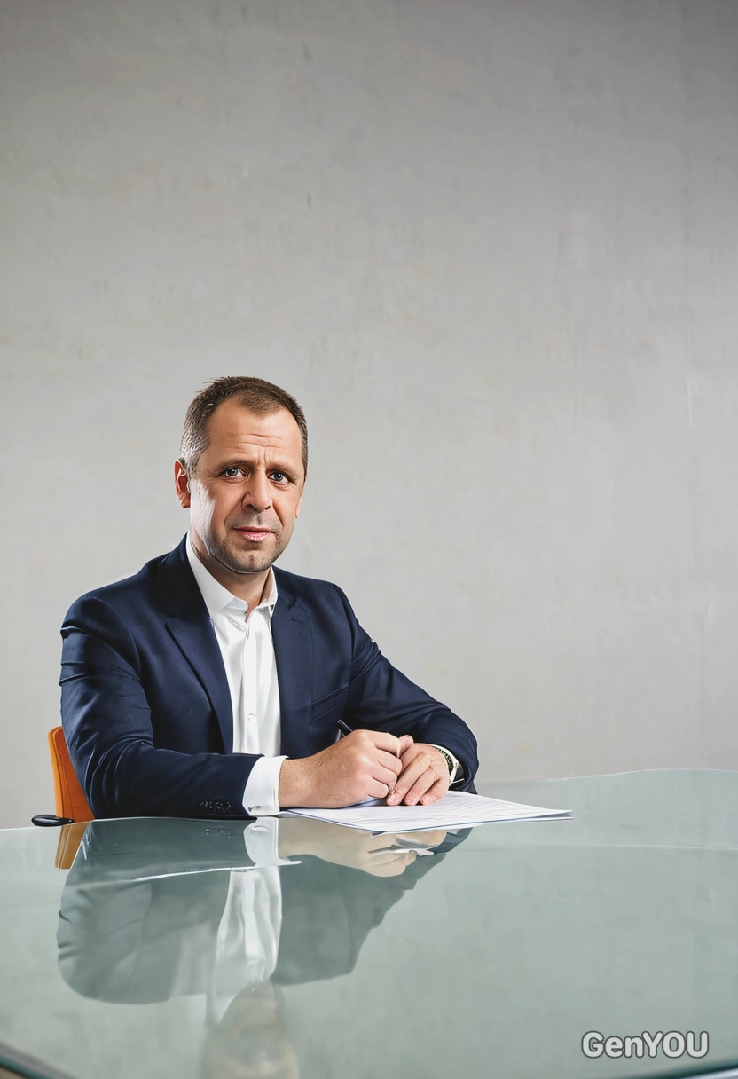 as a CEO, signing a paper, transparent table, sitting on a chair, looking into the camera, blurred background