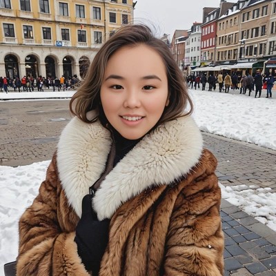 selfie-style shot, smiling, with a side sweep, wearing a vintage fur coat, in a snowy city square during winter