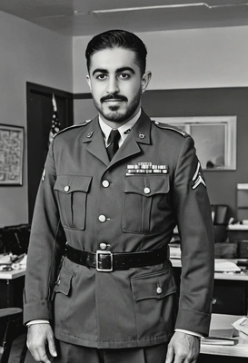 in an army uniform, standing in a vintage office, captured in black and white