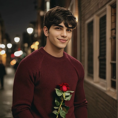 Full-body candid Valentine portrait of me, lean athletic build, fitted sweater, looking slightly over my shoulder with a teasing smile, holding a rose loosely, warm city night lighting, cinematic lifestyle photography