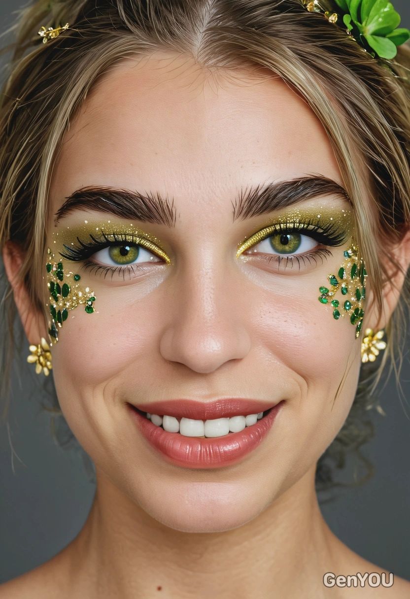 sharp focus on the face, close-up, smiling, flight hair, makeup with green eyeshadow, gold rhinestones and glitter, four-leaf clovers in hair, symmetrical details, professional photoshoot