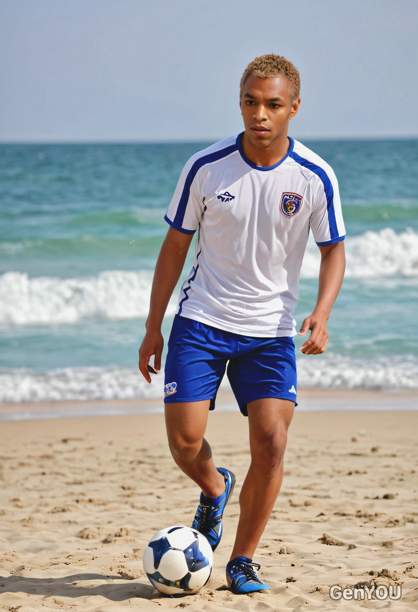 as a beach soccer player, blurred background