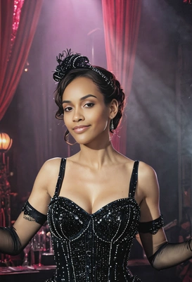 as Satine from Moulin Rouge, mid-shot, in a sparkling stage costume, posing under the bright lights of the cabaret stage