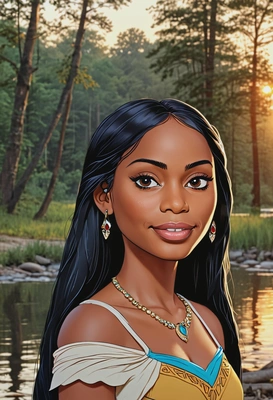 Hand-drawn flat cartoon style, Pocahontas from Pocahontas, oversized cartoon big sparkling eyes, sunset riverbank lighting, waist-up portrait, forest clearing background
