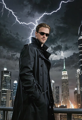as a cosplayer of Neo from the Matrix, dressed in long black trench coat, wearing sunshades, flying above skyscrapers, dark night, big lightning over horizon, looking directly at center, high-quality cinematographic style