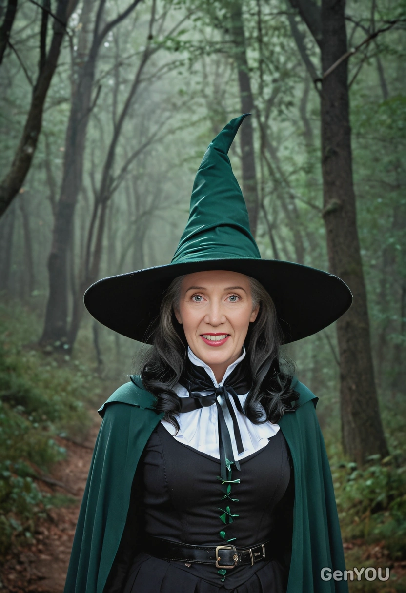 wearing a classic witch outfit with a pointed hat, surrounded by dark forest, dark green light on the background, half body portrait 