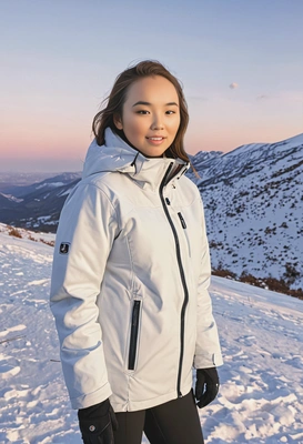 in a thermal jacket, standing on a snowy hill at sunrise