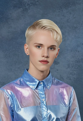 blonde student with a pixie cut and an iridescent shirt with clear buttons, classic blue yearbook background 