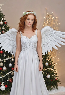 as a Christmas angel, in a flowing white gown with a halo and wings, beautifully decorated christmas scene