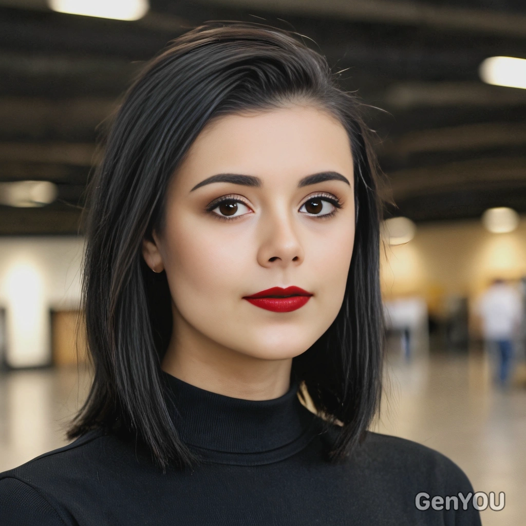 ssleek, straight lob in jet black, soft focus, blurred background