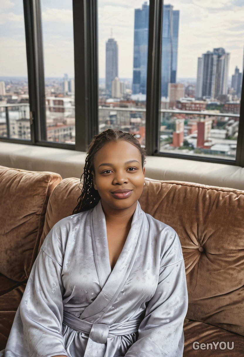 in a silk robe, lounging on a velvet sofa in a penthouse with floor-to-ceiling windows overlooking the city. Blurred background, soft focus