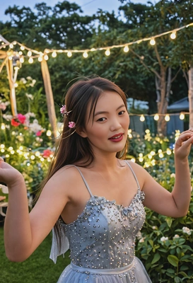 Personal branding headshot at an outdoor garden party