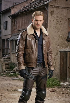 as Leon S. Kennedy from Resident Evil 4, wearing his brown leather bomber jacket with fur collar, tactical pants, and combat boots, standing in a dimly lit, abandoned village