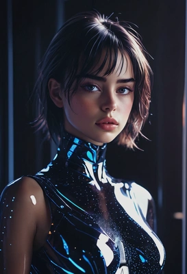 front-side silhouette of a flirty woman in futuristic glass dress, soft sensual vibe, mysterious mood, vignetting, Synthwave aesthetics, seductive eyes on viewer, as if generated by AI