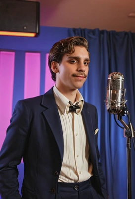 70s retro vibes, blues singer, wearing pleated, high-waisted and wide leg trousers with loose blazers, symmetrical details, recording at the studio, retro microphone, blurry background, neon lights bokeh, soft lighting, long shadows