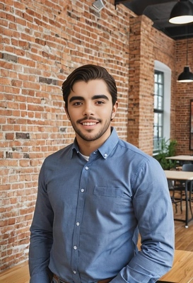at a co-working space with exposed brick walls, blurred background