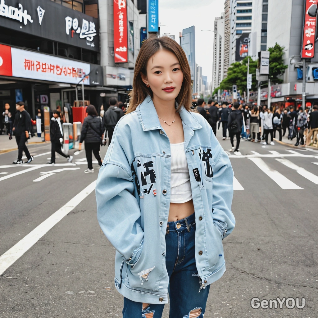 as a K-pop street fashion fan, wearing a trendy oversized jacket and ripped jeans, posing in a bustling city street with billboards of K-pop idols