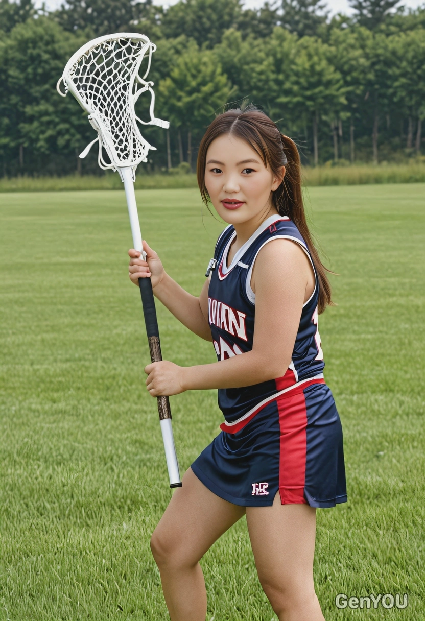 as a lacrosse player, dressed in team gear, standing in a grassy field background