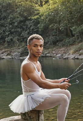 sitting, fishing dressed like a ballet dancer, blurred background