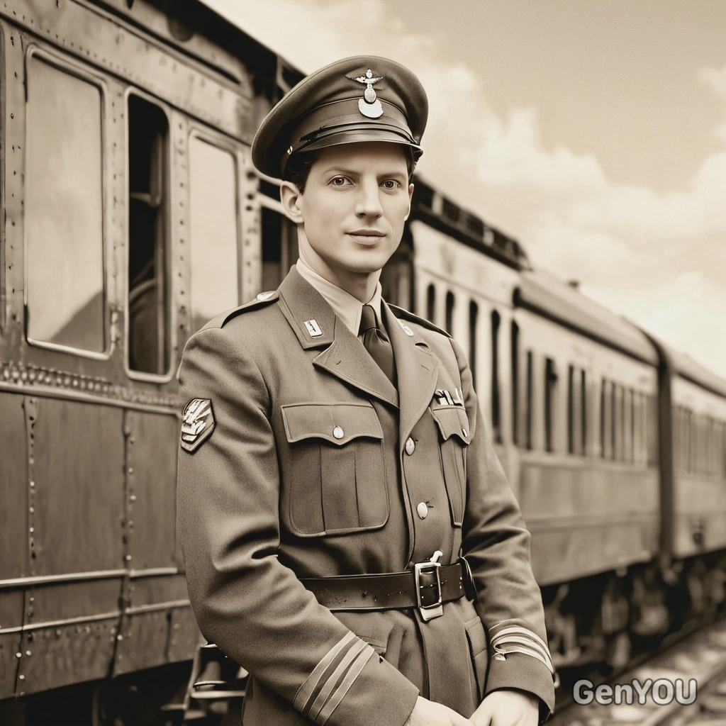 in 1940s military uniform, standing on a train platform, with a vintage sepia effect