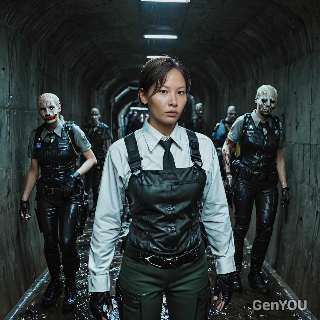 as a cosplayer of Resident Evil, many zombies behind, inside a dark wet tunnel, vivid colors, high-quality cinematographic style