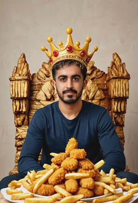 sitting on a throne made of chicken nuggets, wearing a crown of fries, blurred background, cinematographic style