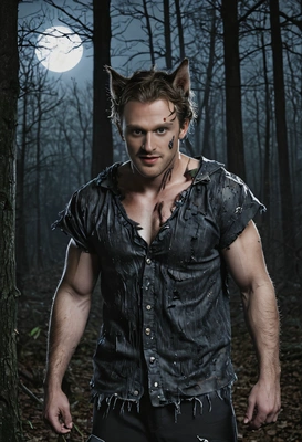 dressed as a werewolf in ripped clothing, standing in a dark forest with glowing eyes under a full moon