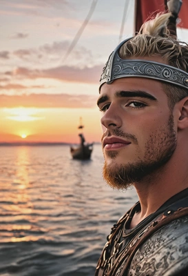 Scandinavian Viking, blurry Viking ship background, sunset