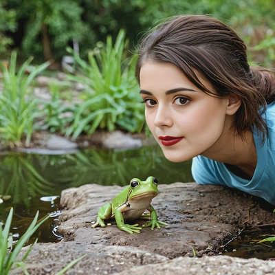 with a frog by a pond, soft focus, blurred background 