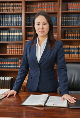as a lawyer in a crisp business suit, standing in a modern law firm office, reviewing legal documents at a polished wooden desk, with law books lining the walls