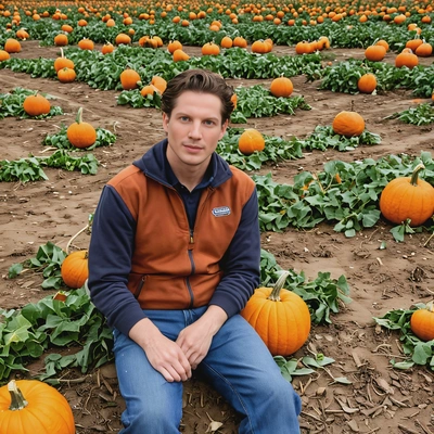 sitting on the ground, surrounded by pumpkins of various sizes at a farm