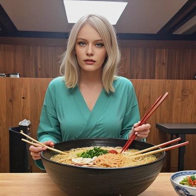standing in front of a giant bowl of ramen, holding chopsticks that are too big