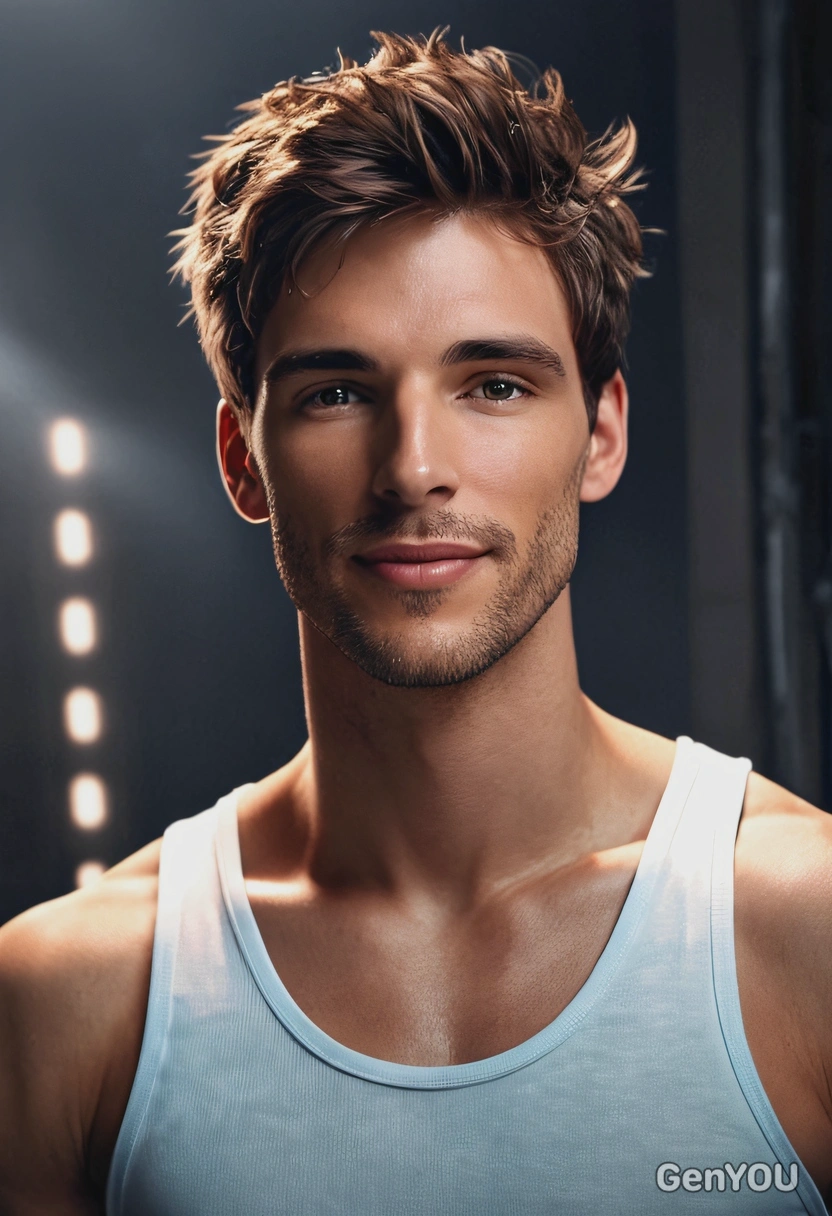 as a hyperrealistic flirty man in a seductive pose, half-body high-quality portrait, dramatic cinematic  photo effect, lit by blinding lights, tank top, eyes on viewer, blurry futuristic background