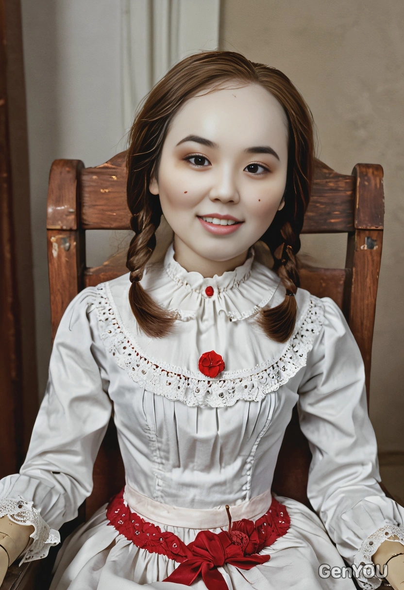 as Annabelle the creepy doll from the Conjuring, seated in an antique rocking chair, her porcelain face cracked