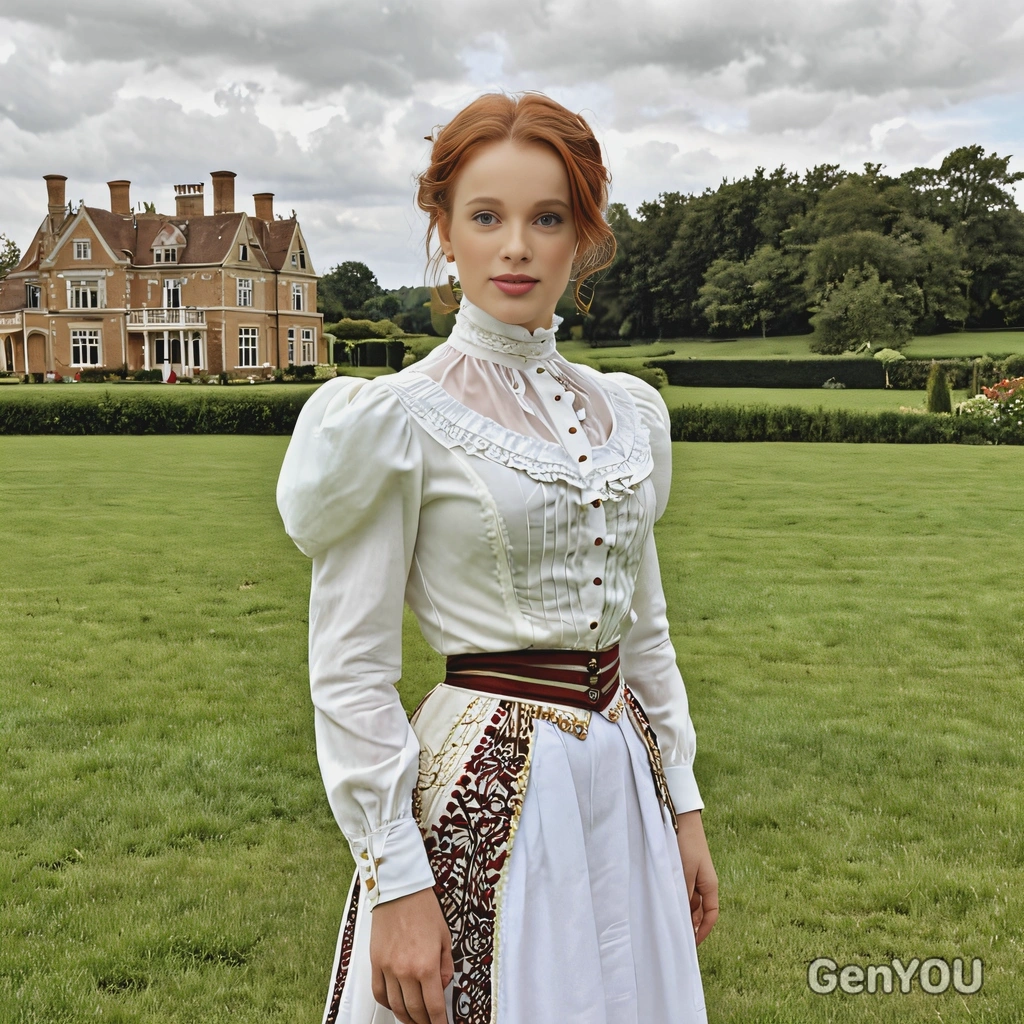 wearing a Victorian-era with a high-necked blouse and long skirt, standing  in front of a large countryside estate