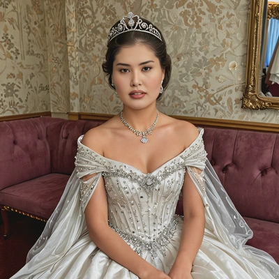 a princess wearing a tiara and flowing gown, seated by a large, in her royal dressing room
