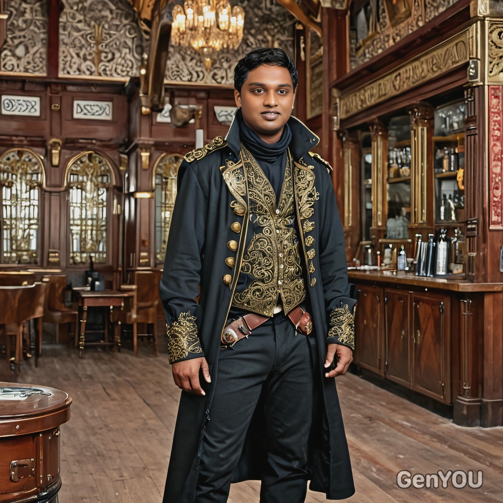 as a Steampunk gunslinger, wearing a duster coat with brass embellishments, standing in a saloon