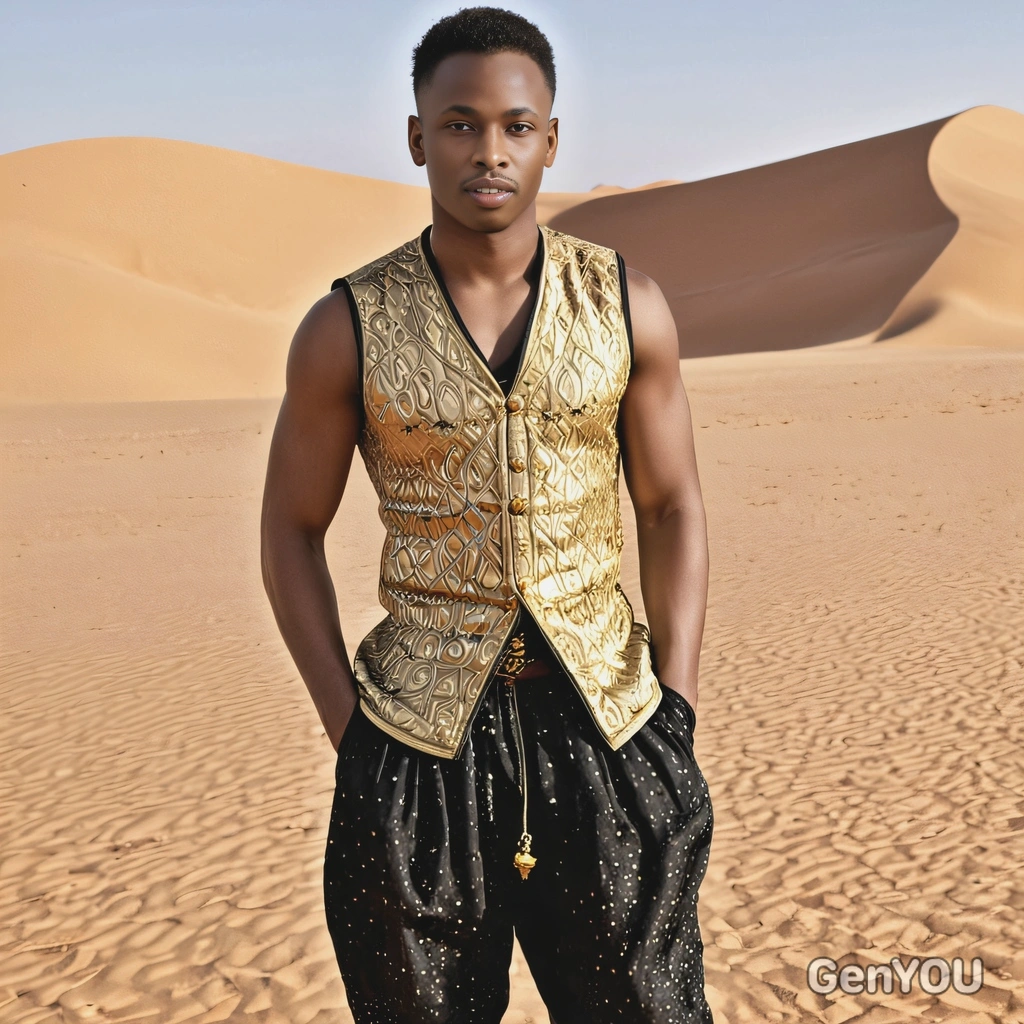 As Aladdin, wearing a vest and harem pants, standing in the middle of a golden desert