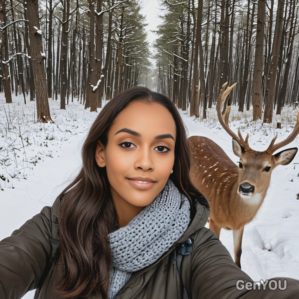selfie with a deer in a snowy forest 