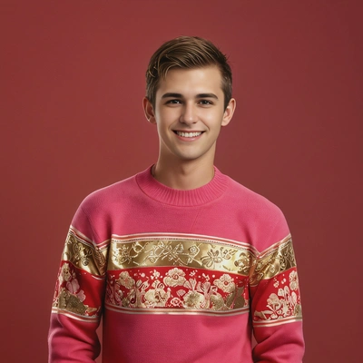 Full-body playful Lunar New Year portrait of me, clean-shaven, lean athletic, wearing a fitted red or pink sweater with gold detail, relaxed stance, teasing grin, festive red backdrop with subtle spark effects, bright warm lighting, ultra-realistic