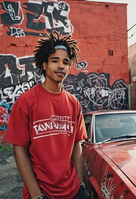 80s retro hip-hop vibes, retro film camera quality textured photo, wearing oversized chunky red t-shirt, braided hair, symmetrical details, leaning against the side of retro car, blurry abstract graffiti walls background, sunset rays