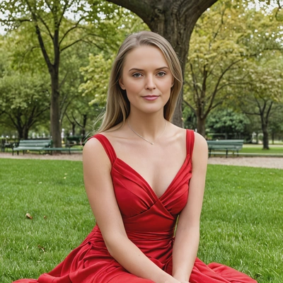 Modern professional headshot as a woman in red dress on park bench