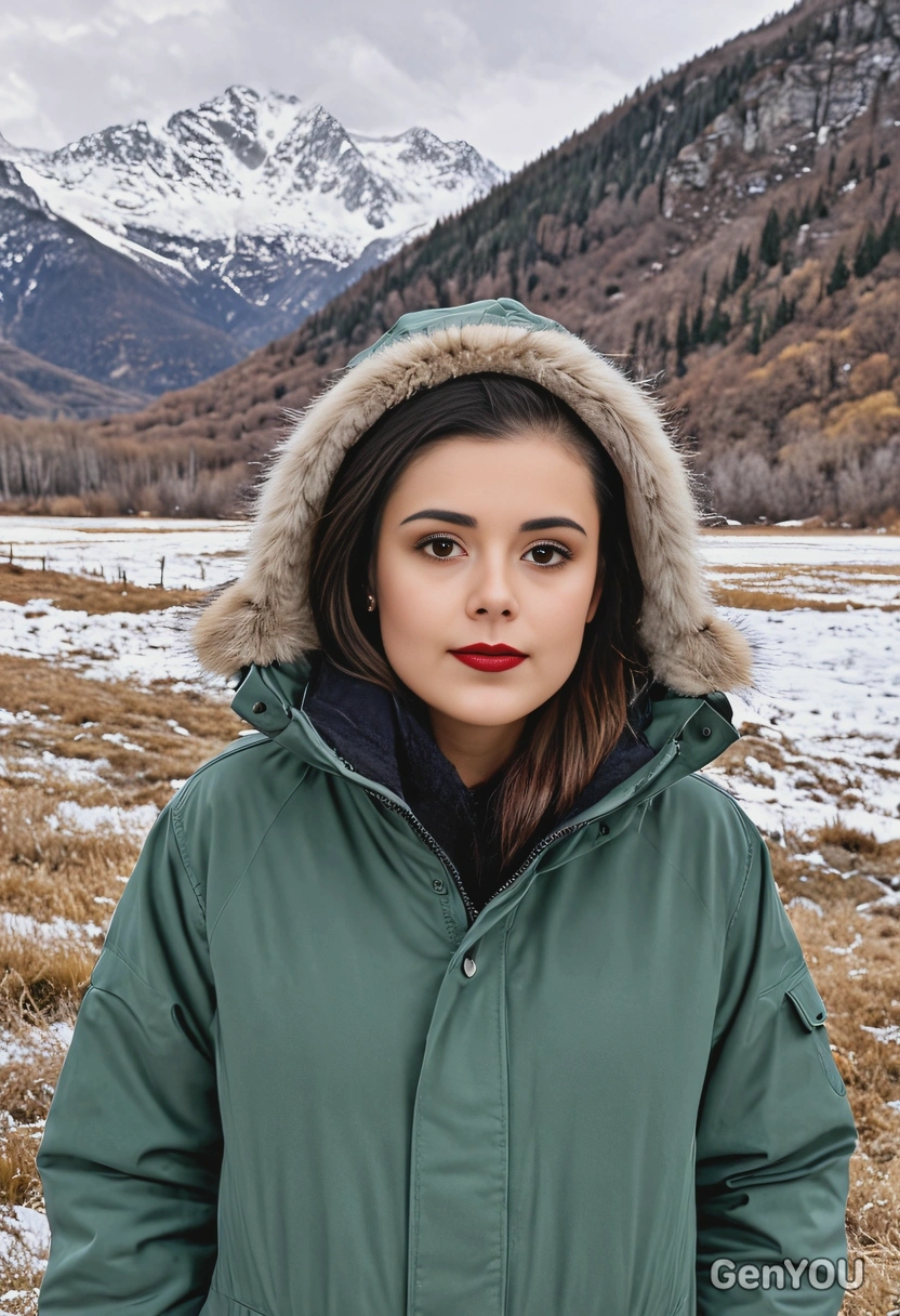 in a fur-lined parka, snow-capped mountains in the background 