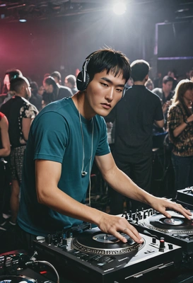 A modern DJ, alone behind a turntable at a crowded nightclub