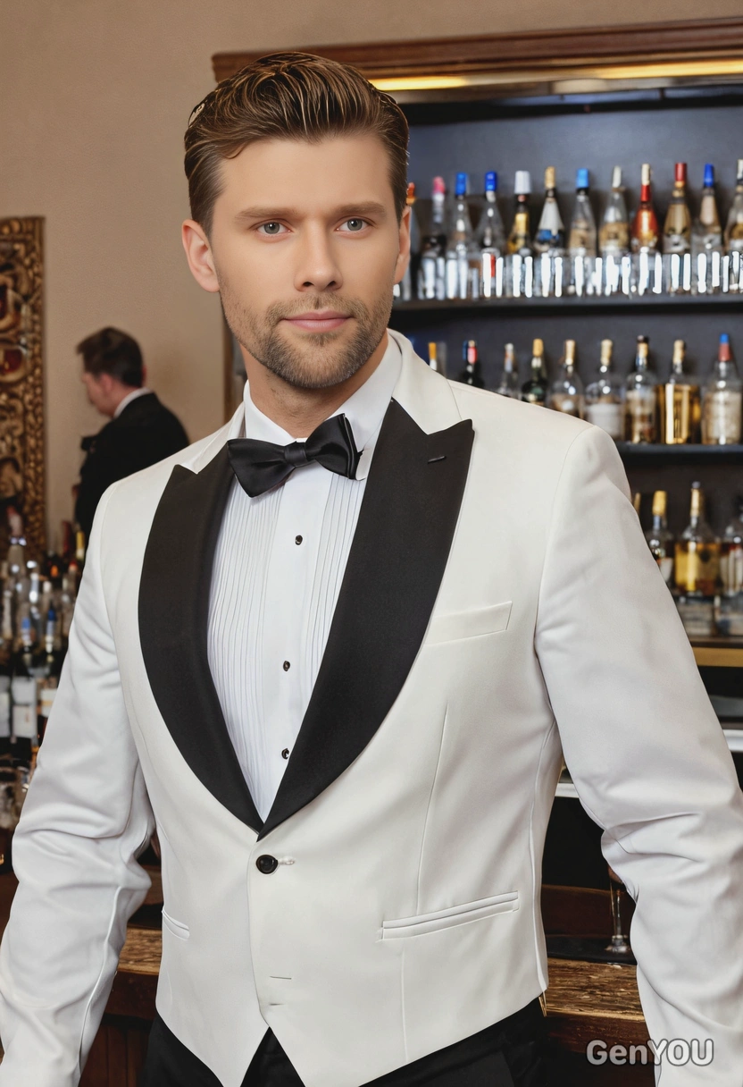 a man standing by the bar at a New Year's Eve party, wearing a tuxedo