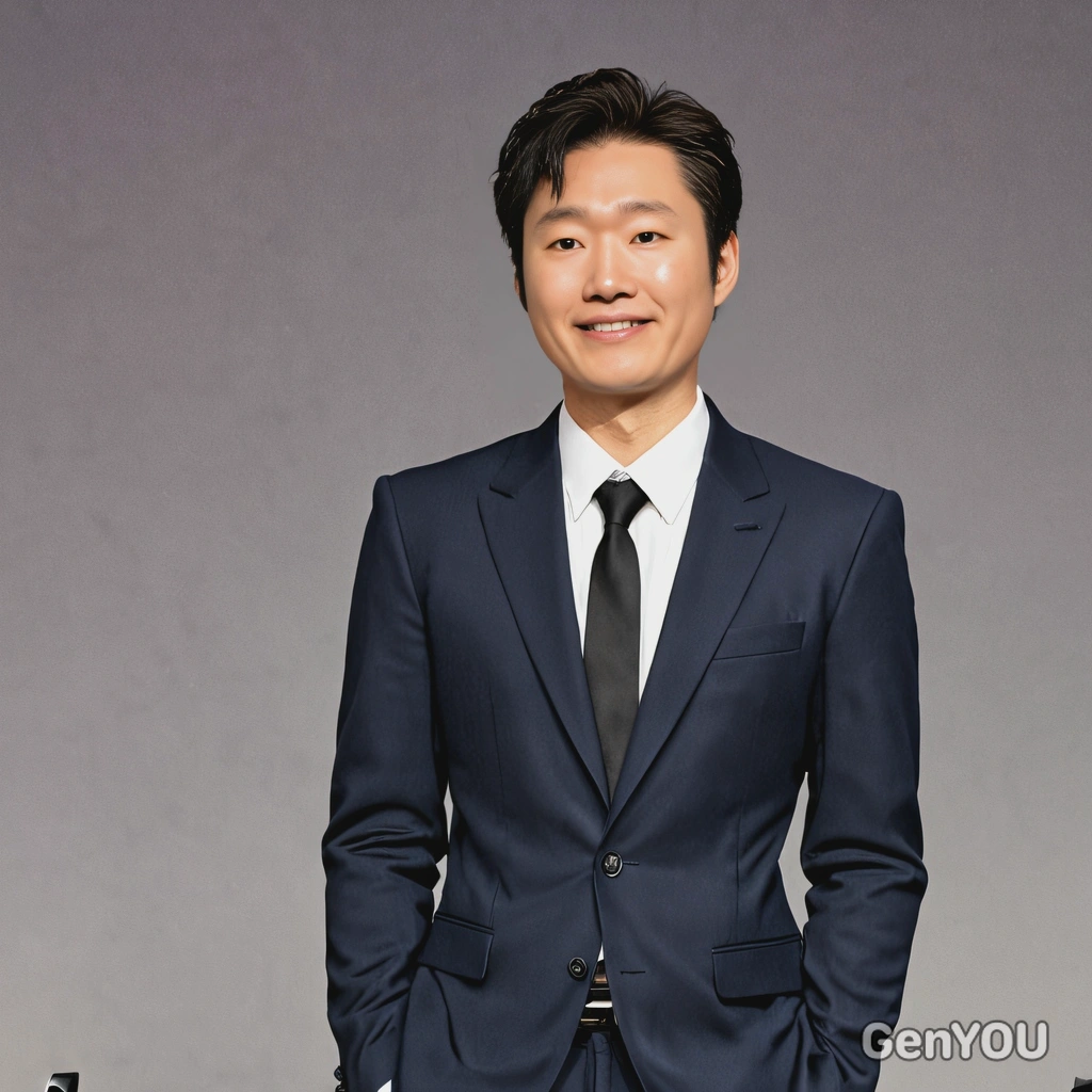 as a K-pop idol, wearing a sharp, tailored suit with a modern twist, giving an interview at a press conference
